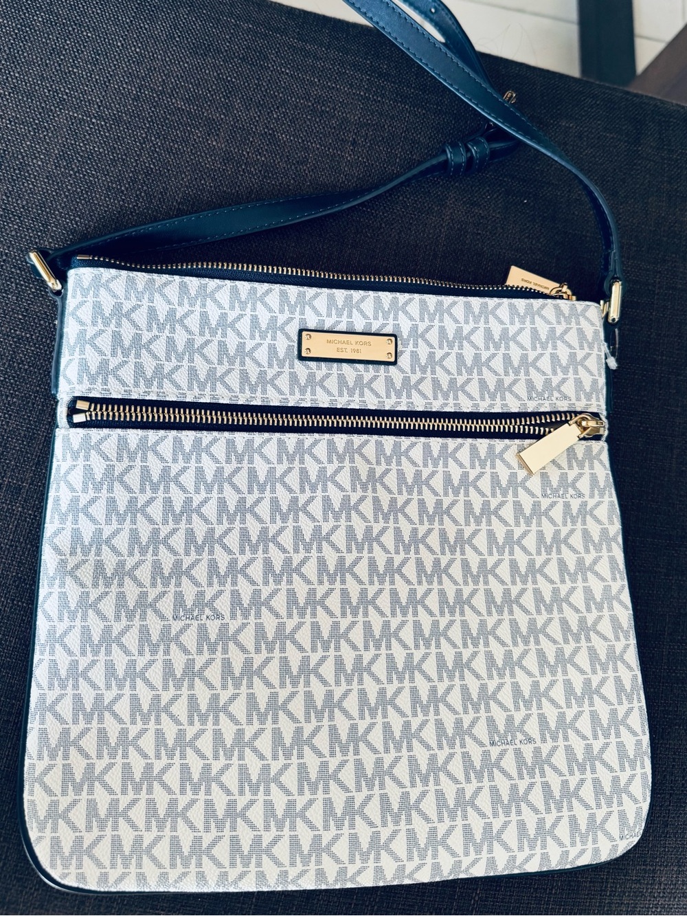 Michael Kors White & Navy MK Logo Crossbody Bag